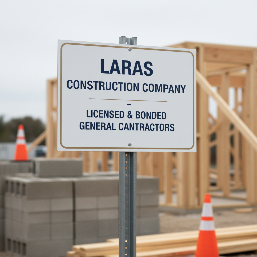 A close-up, photographic realism shot of a neatly organized construction site sign reading “Laras Construction Company – Licensed & Bonded General Contractors” mounted on a sturdy galvanized steel post. The sign features a clean white background, deep navy lettering, and a subtle gold accent border, with a faint reflection on its smooth laminated surface. Behind it, slightly out of focus, are stacked concrete blocks, orange safety cones, and a partially framed structure of light-colored lumber. Soft, diffused overcast daylight creates minimal glare and gentle shadows, giving the scene a calm, professional mood. The image is captured at eye level with shallow depth of field, emphasizing the sign’s details and reinforcing credibility and reliability.